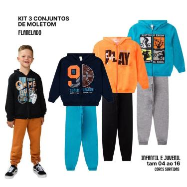 Imagem de 3 Conjuntos Moletom Juvenil Masculino Blusa Calça Flanelado Agasalho Menino Capuz Ziper Punho 04-16-Masculino