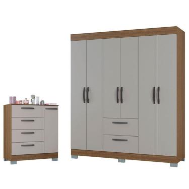 Imagem de Cômoda e Guarda Roupa Casal 868 Tóquio 7 Portas 4 Gavetas em MDP 250cm Castanho Off Whi...