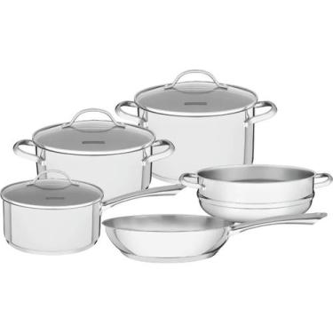 Imagem de Jogo de 5 Panelas Tramontina Una Aço Inox com Fundo Triplo Tampas de V