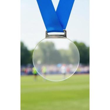 Imagem de 100 Medalhas Acrílicas 5cm Fita Azul/Amarela - Prêmios Desta - Congrat