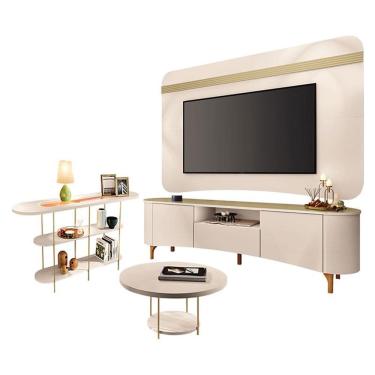 Imagem de Rack Bancada Elara e Painel Armony Off White Champanhe com Mesa de Centro Sky e Aparador Infinity Off White - HB Móveis