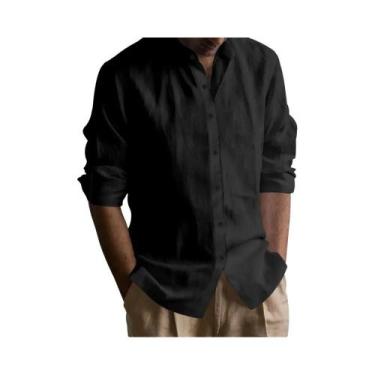 Imagem de Camisa Henley Masculina Slim Fit Em Algodão E Linho, Leve, Respirável,
