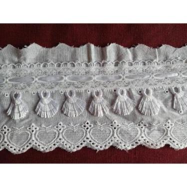 Imagem de Bordado Inglês Coração com Fitas e Franjas, Branco, 10 cm de Largura, 