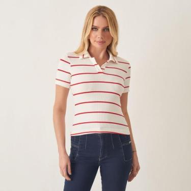 Imagem de Blusa Polo Canelada Listrada Off White com Vermelho - Bloom, M