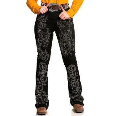 Imagem de Calça Jeans Feminina Bordada Flare Strass Preta Bill Way Lançamento, P