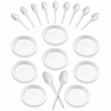 Imagem de Kit 60 Pratinho Isopor Térmico 18cm de bolo + 100 colheres - Genérica,