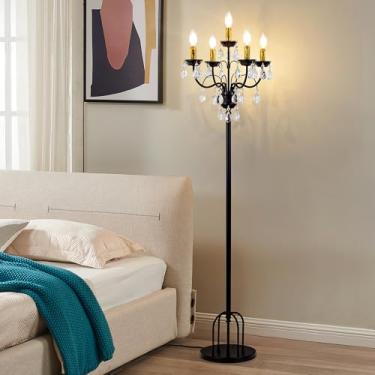 Imagem de TOCHIC Luminária De Chão De Cristal Preto Com 5 Lâmpadas Para Sala De Estar, Luminária De Pé Moderna De 65" De Altura Com Pedal Para Quarto, Luminária De Candelabro Vintage Estilo Fazenda Para Sala