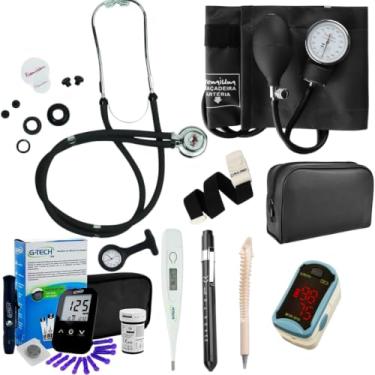 Imagem de Kit Enfermagem Completo Preto Estetoscópio Esfigmomanômetro Oximetro Glicosímetro Garrote Termometro, Lanterna Clínica, Relógio Lapela + Caneta de Osso