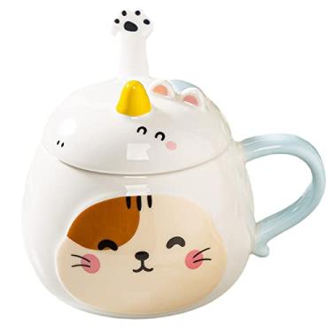 Imagem de seelucky Caneca de balão de ar quente com tampa colher criança desenho animado caneca de leite caneca 3D xícara de café de cerâmica xícara de chá presente de aniversário escritório casa (pata gato,