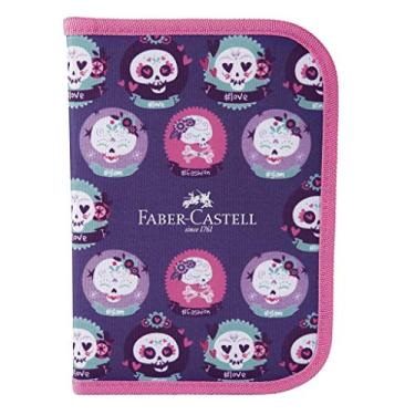 Imagem de Estojo de Nylon Faber-Castell Caveirinhas Rosa Lapis de Cor 12 Cores, 2 Canetas Esferograficas, Lapis Grafite, Regua, Apontador e Borracha, Faber-Castell, 18.2212RS, Rosa