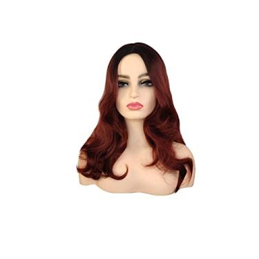 Imagem de Peruca Ondulada Longa Sintética Borgonha Escuro Feminina Peruca Longa Encaracolado Vermelho Preto Gradiente Marrom com franja, Peruca Ondulada Vermelha Feminina (20 polegadas) (Vinho tinto)