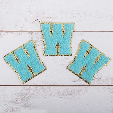 Imagem de Pacote com 3 adesivos de chenille ferro sobre purpurina, letras "W" - Tecido de chenille azul com acabamento dourado - Costurar ou passar - 5,5 cm de altura