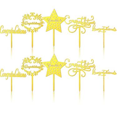 Imagem de 10 peças de cobertura de bolo de parabéns dourado acrílico cupake toppers decoração para formatura, casamento, promoção de trabalho, festa de aposentadoria, festa de gravidez, 5 estilos