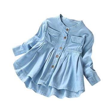 Imagem de Mercatoo Camiseta feminina jeans franzido blusa infantil manga comprida roupas para meninas com babados roupas para bebês meninas, Azul, XXG