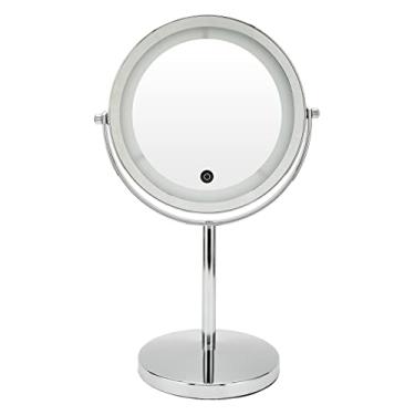 Imagem de Espelho de maquiagem iluminado YEmirth, espelho de maquiagem com luz LED redondo de dupla face 1X 7X espelho de aumento Espelho de pé para banheiro doméstico