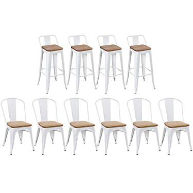 Imagem de Loft7, KIT - 6 cadeiras + 4 banquetas altas Tolix com encosto - Branco com assento de madeira rústica clara