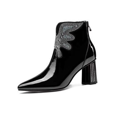 Imagem de TinaCus Botas femininas de couro envernizado feitas à mão salto grosso médio com zíper nas costas bico fino plus size com strass brilhante, Preto, 10.5