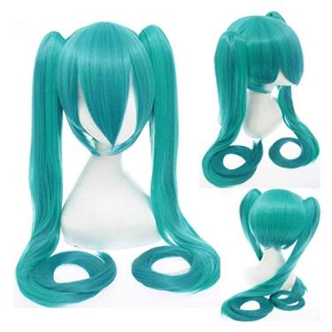 Imagem de Jsmhh Peruca Anime Hatsune Miku Shooter Black Rock Shooter Senbon Zakura Cosplay Peruca Longa Cabelo Sintético Rabos de Cavalo + Touca de Peruca, Rosa, Hatsune Miku, Tamanho Único (Cor: Verde 2)