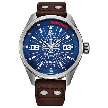 Imagem de Citizen Relógio masculino Eco-Drive Star Wars Han Solo "Sometimes I Even Amaze Myself", aço inoxidável com pulseira de couro marrom, mostrador azul, luminoso, 43 mm (modelo: AW5009-03W), Prateado e