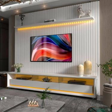 Imagem de Rack com Painel Ripado para TV até 84 Polegadas LED 3 Gavetas com Rodízios 230cm Naturale Branco