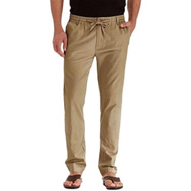 Imagem de Calça cargo masculina folgada, calça jogger folgada, cintura elástica, calça de moletom de linho leve com cordão e bolso, Caqui, 3G