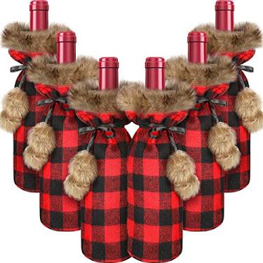 Imagem de Suporte para garrafa de vinho xadrez de búfalo, 6 pacotes, suporte para garrafa de vinho xadrez, suéter, pele sintética, sacos para garrafa de vinho para decoração de festa de natal