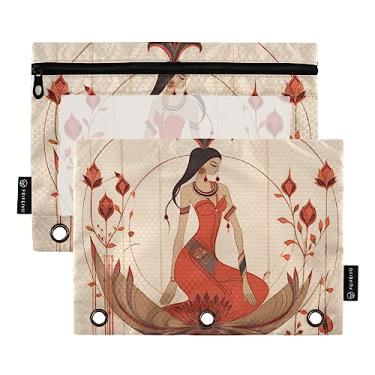 Imagem de Totem indiano feminino étnico vermelho 3 anéis fichário bolsa de lápis pacote com 2 estojo de plástico transparente impermeável com zíper organizador de documentos de escritório suprimentos