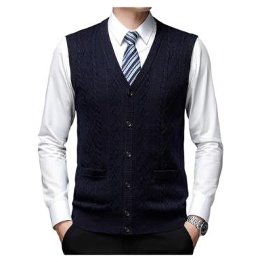 Imagem de Cardigã masculino tricotado losango botão bolso colete jacquard sem mangas cardigã de negócios, Azul-escuro, M