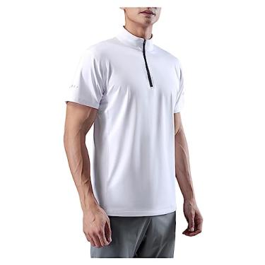 Imagem de Camiseta masculina atlética manga curta gola alta sólida polo secagem rápida com zíper casual, Branco, 5G