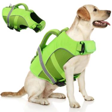 Imagem de Queenmore Colete salva-vidas ajustável para cães Ripstop para natação e passeios de barco, salva-vidas com flutuabilidade superior e alça de resgate, verde, M