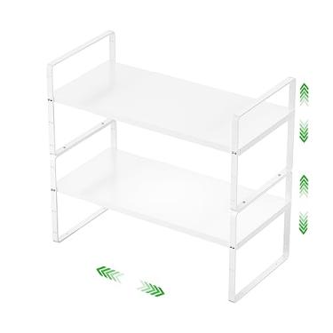 Imagem de SOFRON Prateleira expansível de armazenamento empilhável para cozinha, banheiro, despensa, temperos, armário, bancada, escritório, resistente, antiderrapante, branco, pequeno, pacote com 2