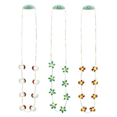 Imagem de Colar com luzes de LED para lembrancinhas de festa de Natal com luzes de LED, acessórios divertidos que brilham no escuro Papai Noel, rena azevinho, conjunto de 3 para presente de festa de Natal