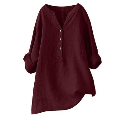 Imagem de Tops de linho para mulheres 2024 botões gola V manga longa blusas modernas elegantes casuais confortáveis roupas túnica soltas, Ofertas relâmpago de vinho, P