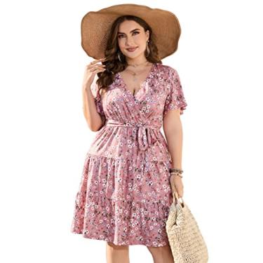 Imagem de KOJOOIN Vestido feminino plus size com decote em V, cintura alta, manga curta, vestido midi casual de verão com cinto, Manga curta de flor pequena rosa, 4G