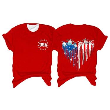 Imagem de Camiseta feminina bandeira americana 4th of July Shirts Stars Stripes Heart Graphic Túnica manga curta camiseta patriótica, Vermelho, G
