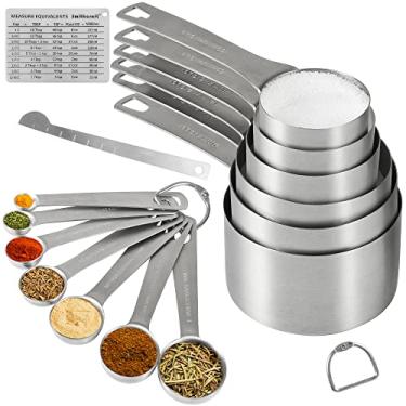 Imagem de SPUVGVC Conjunto de copos e colheres de medição 15, 6 copos de medição de aço inoxidável e 7 colheres e 1 nivelador e 1 tabela de conversão magnética, ferramentas de medição de metal métrico e dos EUA