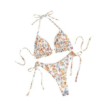 Imagem de SHENHE Conjunto de biquíni triangular, feminino, verão, 2 peças, frente única, laço lateral, maiô sexy, Floral branco, M