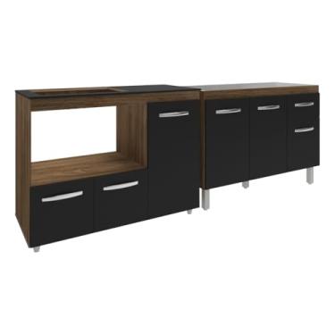 Imagem de Mobília Decor, Gabinete Cozinha Armário Balcão de Pia 120 cm Aline e Balcão para Fogão Cooktop 4 Bocas e Forno Alana Savana Preto