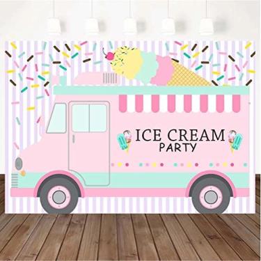 Imagem de Fundo de festa de sorvete rosa carrinho de sorvete bebê criança retrato foto fundo decoração festa de aniversário pano de fundo estúdio fotográfico 1,5 x 0,9 m