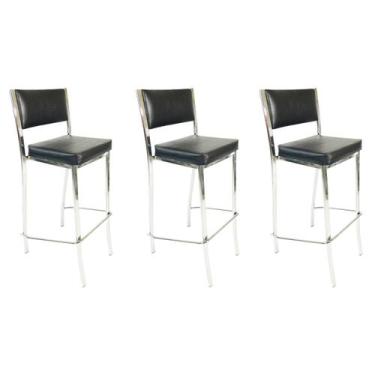 Imagem de Kit 3 Banquetas EMPILHÁVEL cromada Altura 65cm assento e encosto preto