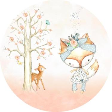 Imagem de Painel de Lona Redondo Raposinha Aquarela Bosque Rosa - Fabrika de Fes