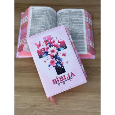 Imagem de Bíblia ARC Cruz Tulipa Rosa Com Abas Adesivas Já Coladas - Com harpa e