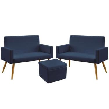 Imagem de 2 Poltronas Namoradeira Vega Almofadada Com Puff Quasar Sued Azul Mari