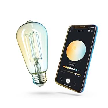 Imagem de Globe Electric 34919 Wi-Fi Smart 5,5 W (equivalente a 60 W) lâmpada de LED de vidro âmbar branco ajustável com filamento reto, sem necessidade de hub, ativado por voz, 2000K - 5000K, estilo Edison vintage, base E26
