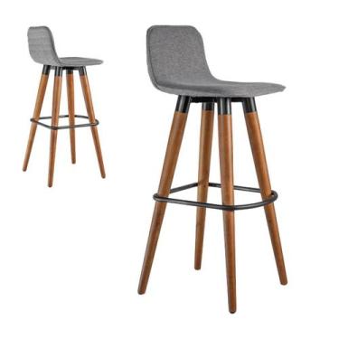 Imagem de Kit 2 Banquetas Línea em Madeira Verniz PU Aço e Linho Cinza - UniDeco