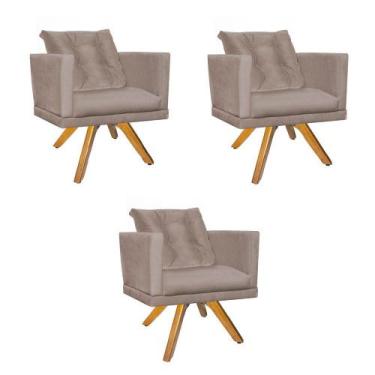 Imagem de Kit 03 Poltrona Lucia Confort Base Giratória Caramelo Com Almofada Sal