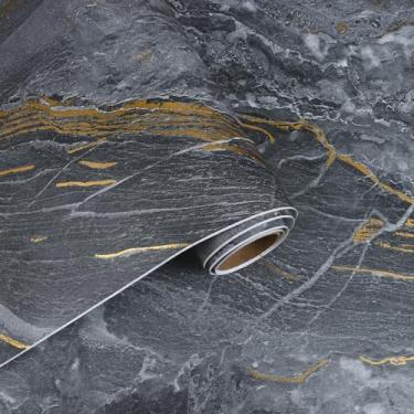 Imagem de VaryFloral Papel de contato de mármore cinza e dourado - Papel de parede impermeável de granito cinza escuro para contato de mármore adesivo de vinil para bancadas, armário, prateleira, cozinha