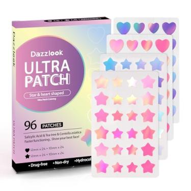 Imagem de Dazzlook Adesivo Star Acne com ácido salicílico, óleo de melaleuca e centelha asiática, adesivos de espinhas hidrocolóides cores iridescentes 96 peças 2 tamanhos, lindos adesivos em forma de coração