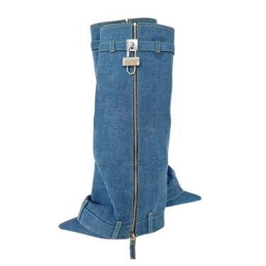 Imagem de Frankie Hsu Bota de tubarão moderna sexy feminina masculina tamanho grande couro sintético verde cunha salto alto joelho salto alto bota calça longa EUA 4-14, Azul escuro, 37