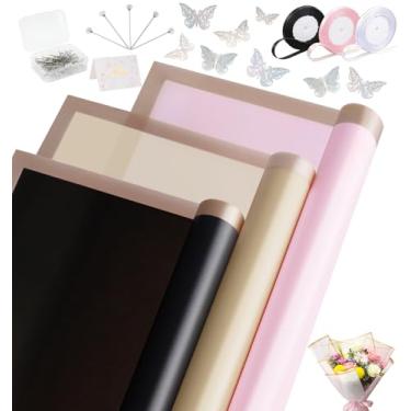 Imagem de 60 folhas de papel de embrulho de flores, buquê de papel de embrulho, incluindo fita de cetim, borboletas 3D, broches de flores, cartões, papel de flor para presente de aniversário de casamento,